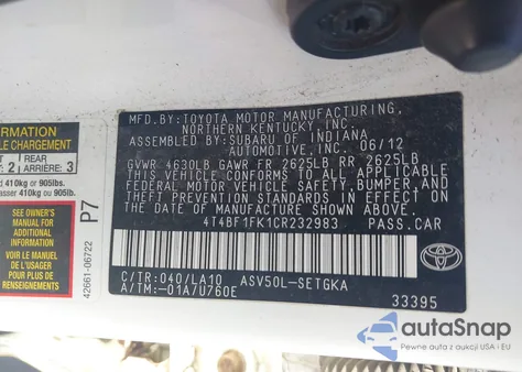 2012 Toyota Camry Xle из США, поврежденный, VIN 4T4BF1FK1CR232983